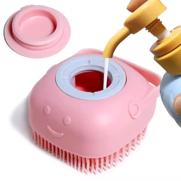 Cepillo de baño para perros, cepillo de masaje para mascotas, dispensador de champú, cepillos de silicona suave con cerdas de goma (rosa) - 1