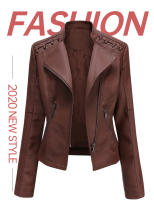 Chaqueta De Motociclista De Cuero PU Para Mujer Chaqueta De Motocross De Cuello Erguido Con Cremallera Ajustada Y Estilo Casual - details 1