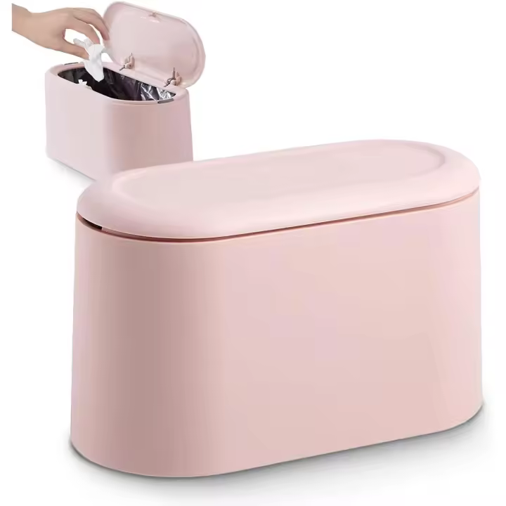 Bote de basura de mesa pequeño con tapa de botón para oficina, baño, cocina y dormitorio, almacenamiento de alimentos para mascotas (rosa) - 1