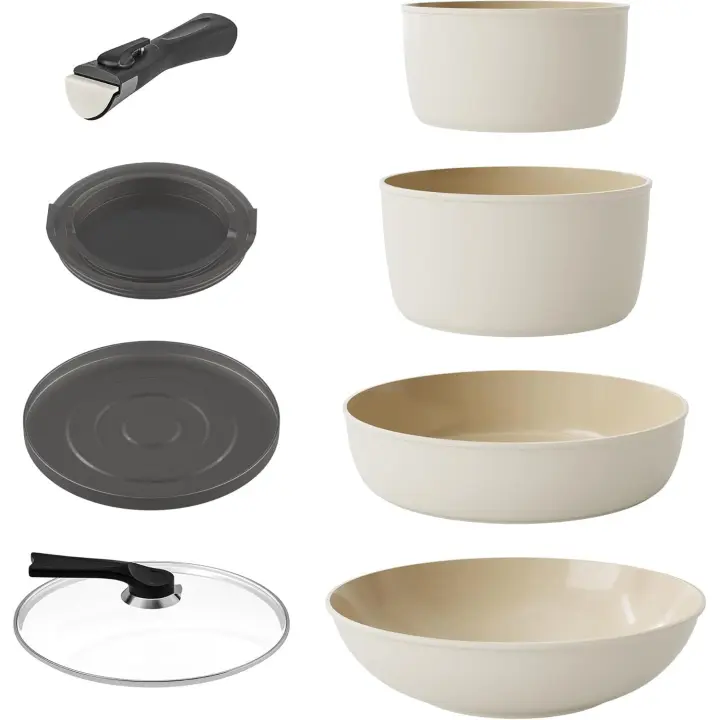 Inducción Juegos de sartenes y ollas, Antiadherente Cerámica Baterías de cocina con asas desmontables, Apilable Menaje de cocina con Tapas, Ahorro de espacio Juegos de sartenes sin PFOA - 1