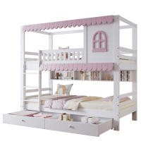Etagenbett, Kinderbett Mit Fenstern, MIT Fallschutzgitter, Offenes Regal, Rosa Trufe, Zwei Schubladen MIT Rolls, Reichlich Stäuraum, Kiefer + MDF, Weiß + Rosa, 90x200cm - details 4