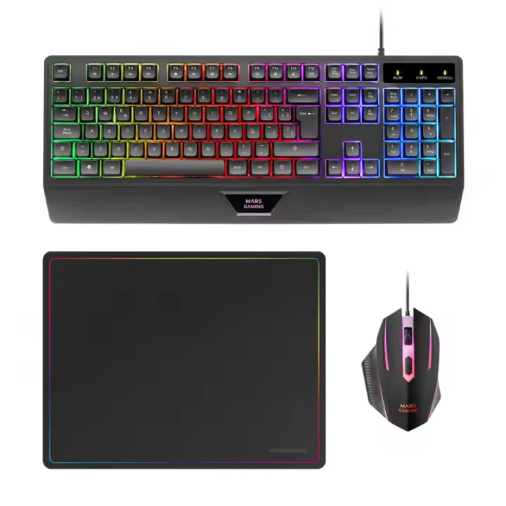 Mars Gaming - MCP124, Combo Gaming 3en1, Teclado Ergonómico H-Mech LED RGB, Ratón RGB 3200DPI Switches HUANO, Alfombr - MCP124ES MCP124ES - 1