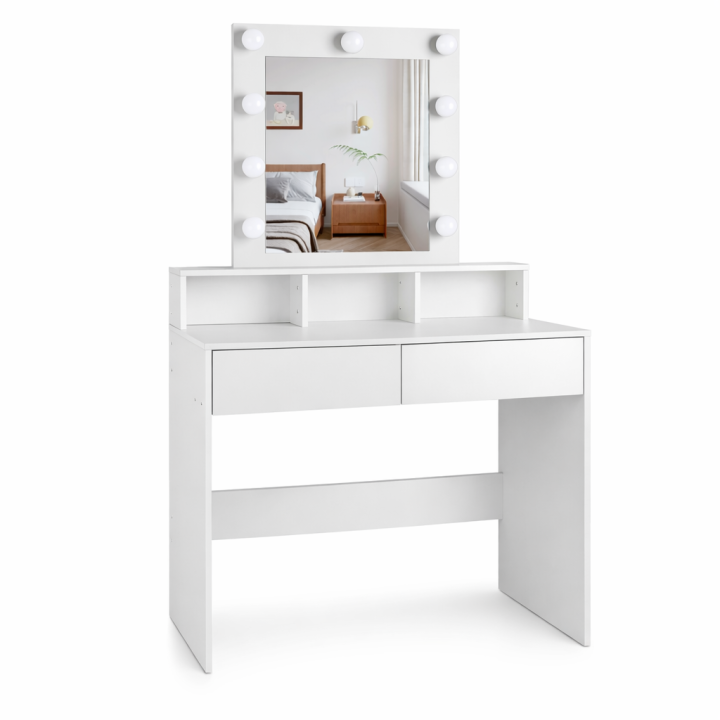T-LoVendo - Tocador de maquillaje con Luz | Mueble tocador con Espejo 2 cajones y estantes de almacenamiento | Mesa de maquillaje moderno blanco para dormitorio, cómoda organizadora cosméticos y joyas