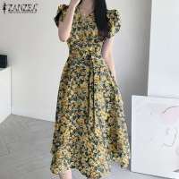 ZANZEA Vestido Midi Elegante Para Mujer Con Cintura Ajustada Estampado Floral Moda Coreana Manga Corta A-line Casual Fiesta - details 11
