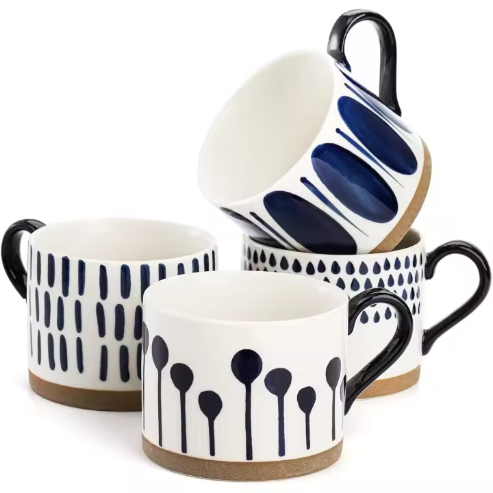 Juego de 4 tazas de café de Porcelana, tazas de café Pintado A Mano de 15 oz con Asas, tazas de cerámica esmaltada para té, bebidas frías o Calientes, los mejores - 1