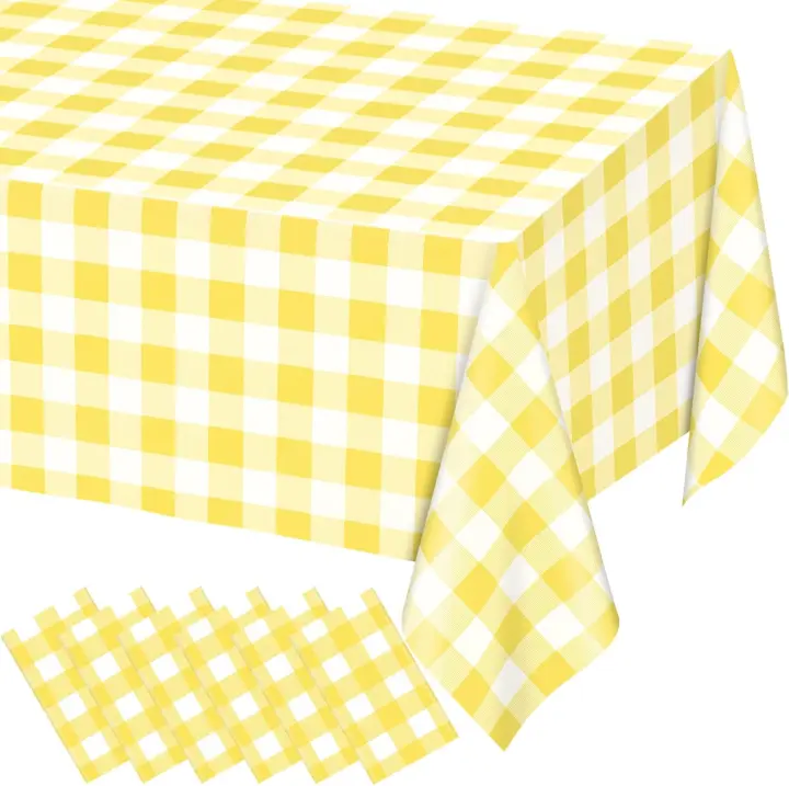 6 Pack Light Yellow Gingham Rectangular Plastic Tablecloths, Yellow and White Checkered Disposable Table Covers 54" x 108" for Birthday, Wedding, Bridal Shower, Outdoor Picnic Camping Parties - 1