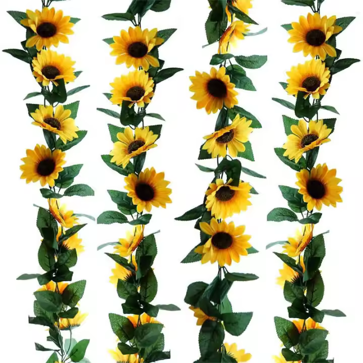 Guirnaldas colgantes de Girasoles (2 Unidades), Guirnalda de Girasoles Artificiales de Seda, con Hojas Verdes. - 1