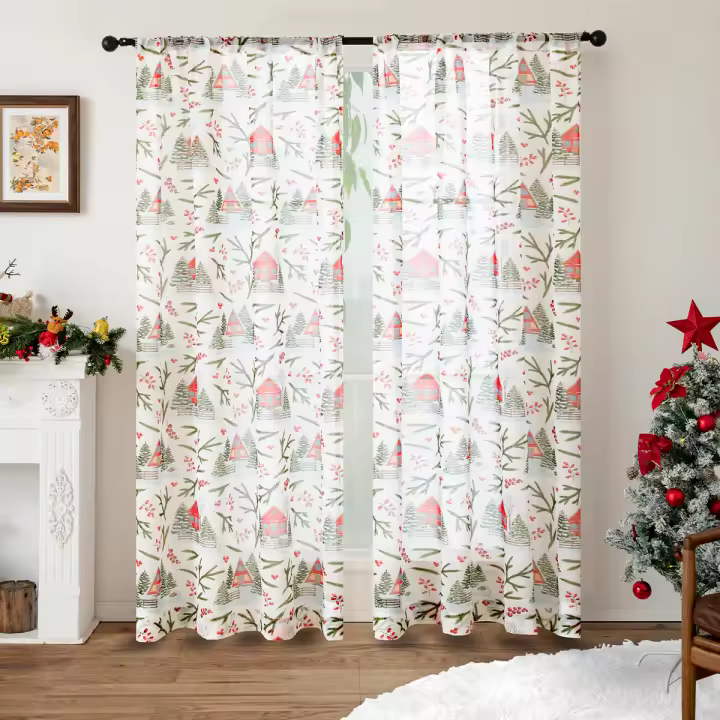 2PC Cortinas Navideñas Decorativas Para Sala De Estar Y Dormitorio Pantalla De Ventana Modernas De Poliéster Sin Cortina Doble - 1