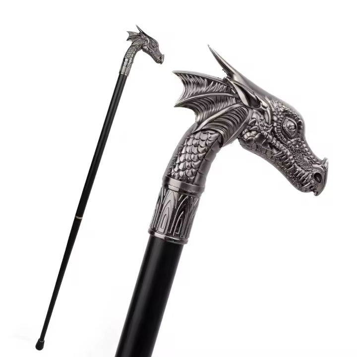 Bastón De Moda Con Cabeza De Dragón Plateada 93cm Tacón De Goma Antideslizante Acero Vintage Para Fiesta Y Cosplay - 1