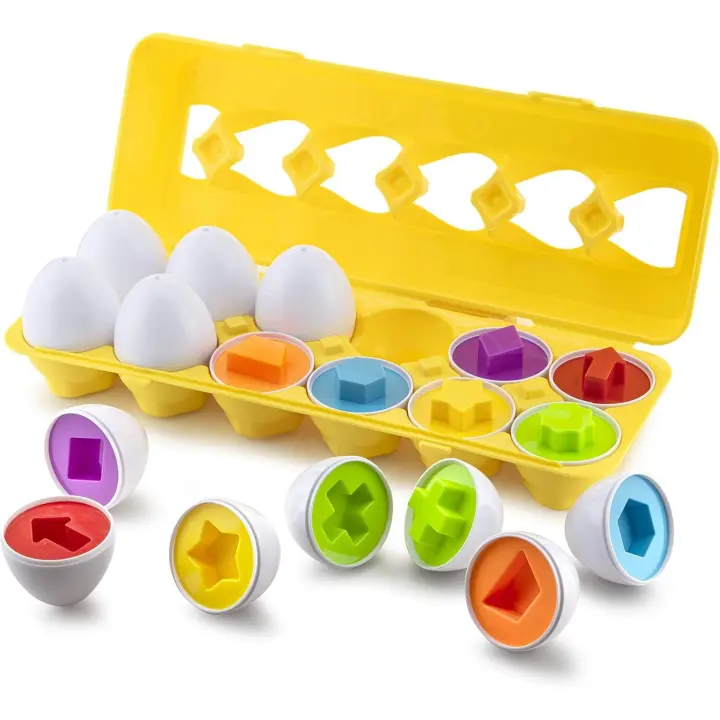 Huevos para combinar formas y colores - Juguetes de huevos de Pascua - Juguetes perfectos para niños pequeños - Ideales para el desarrollo del reconocimiento de colores y formas - 12 huevos con formas, - 1