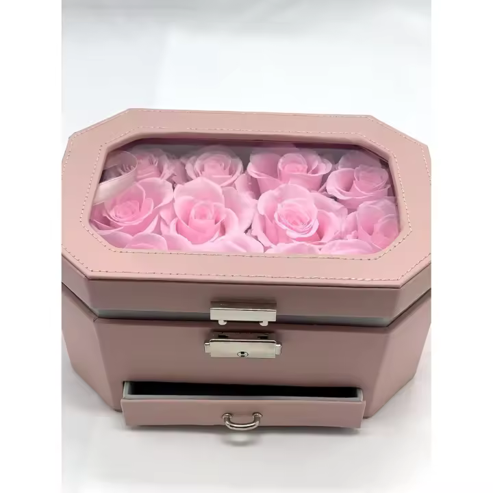14 Rosas preservadas en Caja joyero Transparente - Flores Día de la Madre - Joyero con Flores y Tarjeta DEDICATORIA (Rosas Rosa con joyero Rosa) - 1