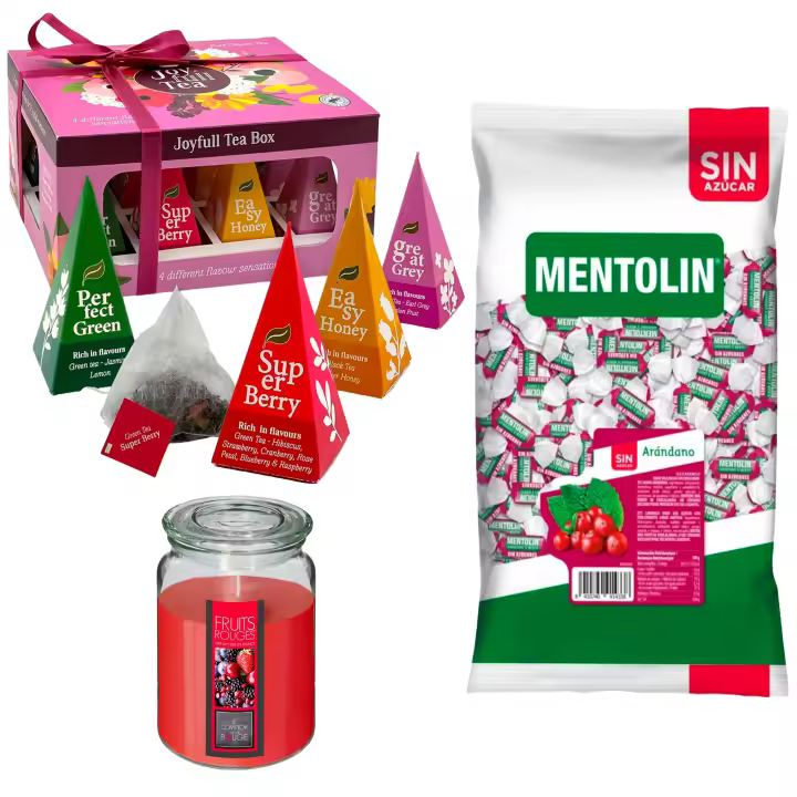 Lote respira: MENTOLIN ARANDANO S/A BOLSA 1KG + WELL HOME - Vela perfumada de frutos rojos + WELL HOME - Caja de Té Joyfull con variedad de sabores - 1
