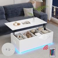 Moderna Mesa de Centro Blanca DE ALTO Brillo con iluminación LED y almacenamiento Oculto-Mesa Auxiliar con desplazamiento hidráulico, 100*50*35 cm, 40 kg de carga - details 4