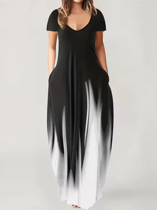 Vestido Casual De Verano Para Mujer Largo Con Bolsillos Estampado Suelto Cuello En V Manga Corta Vestido De Poliéster - 1