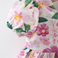 Vestido De Verano Para Niñas Con Gran Lazo En La Espalda Y Mangas Burbuja Estampado Floral Vestido De Princesa De Cuello Cuadrado - details 11