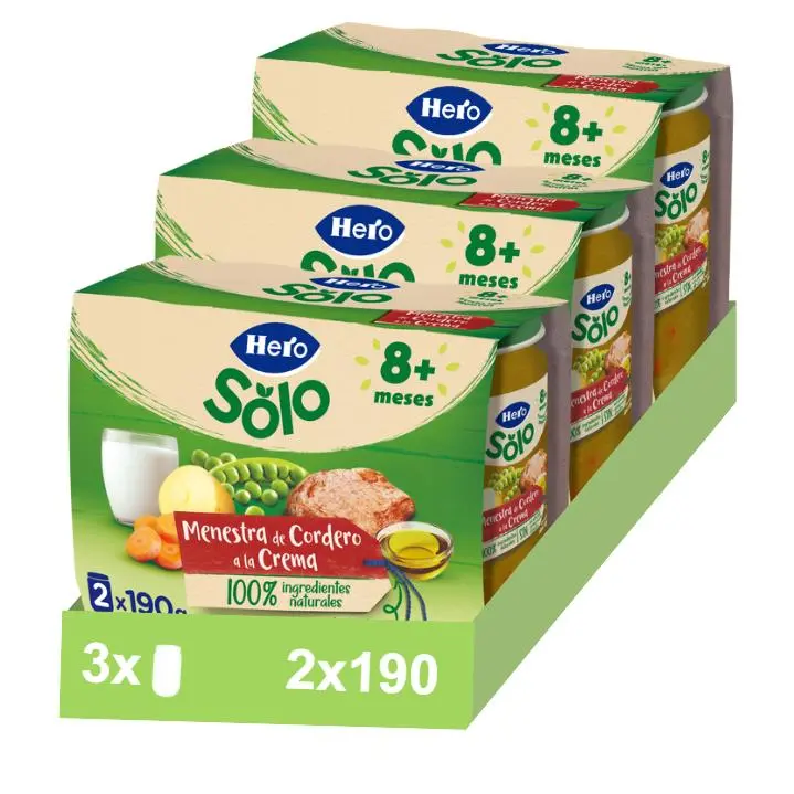 Hero Baby Pack Tarritos de Menestra de Cordero a la Crema. Para Bebés de a Partir de 8 meses. 3 Packs de 2x190gr - 1