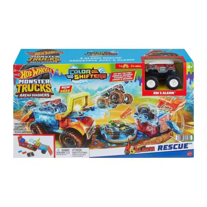 Mattel HOT WHEELS MONSTER TRUCKS ARENA WORLD COLOR CAMIÓN BOMBERO - Incluye Rampa y Tanque de Agua - Cambio de Color Al Presionar - Incluye Coches Aplastables - Secado Rápido Después de la Batalla - 1