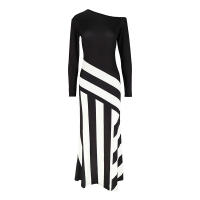 Vestido Maxi Para Mujer Elegante Y Casual En Negro Y Blanco Patchwork Slim De Poliéster Para Otoño Moda Streetwear - details 7