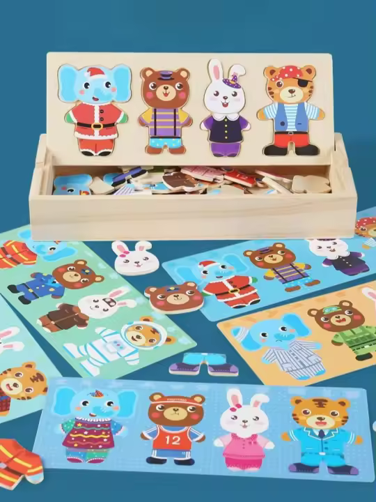Puzzle De Madera Con Oso Cambiando Ropa Juguete Educativo Para Niños Y Niñas De Preescolar Y Escuela Primaria Estilo 3D - 1