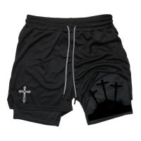 Shorts De Entrenamiento Para Hombres Con Estampado Cruzado Y Bolsillo Para Teléfono Y Anillo De Toalla Poliéster Transpirable Y Deportiva - details 15