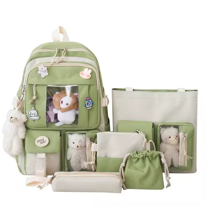 Mochila Kawaii Para Mujer 5pcs Estilo Coreano Lindo Para Estudiantes Niñas Sets De Mochilas Escolares De Lona Con Cierre De Cremallera - 1