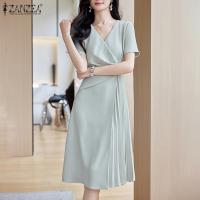 Vestido Midi Elegante De Verano Para Mujer ZANZEA Con Cuello V Y Manga Corta Vestido De Fiesta Trabajo OL Vestido De Seda Pleated - details 5