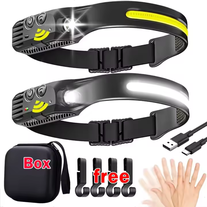 Linterna Frontal LED COB Con Sensor Y Batería Integrada Recargable Por USB 5 Modos De Iluminación Lámpara De Trabajo Impermeable 180° - 1