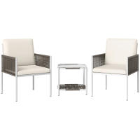 Outsunny Conjunto de Jardín Exterior de 3 Piezas Juego de 2 Sillas y Mesa de Ratán con Cojines Acolchados y Encimera de Vidrio para Balcón Terraza Marrón y Crema - details 0