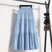 Falda Midi De Seda Suave Para Mujer Azul Jean Con Cintura Elástica Y Volantes Ajustada Casual Vintage Verano Midi Longitud De Pierna - details 4
