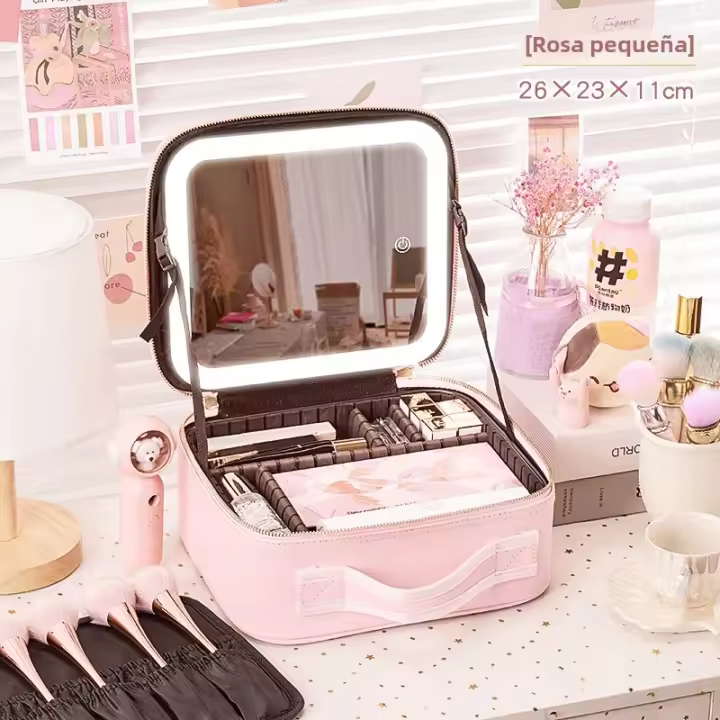 Bolso De Maquillaje Para Viaje Con Espejo Grande Iluminado Organizador De Cosméticos Profesional Impermeable Y Partitionable - 1