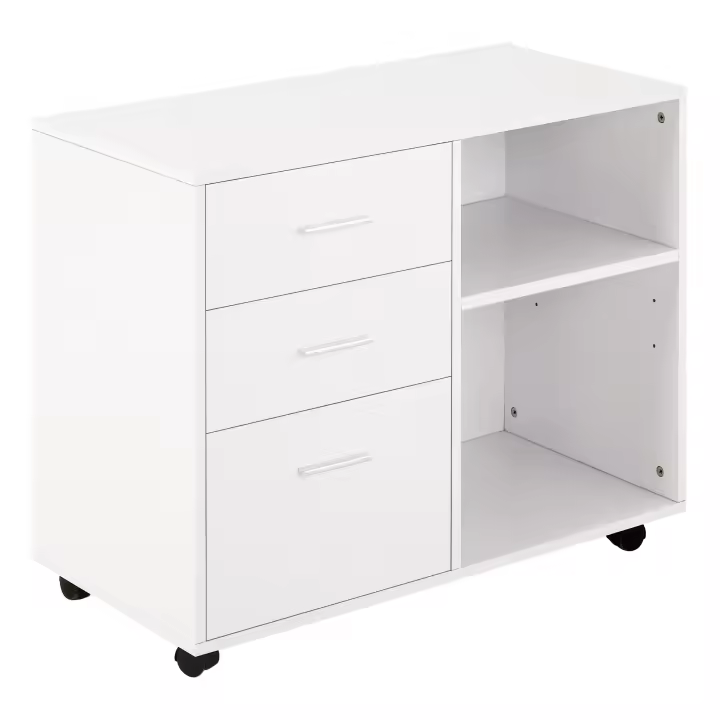HOMCOM Armario de Oficina con Espacio para Impresora Multifuncional con 3 Cajones Estante Ajustable Ruedas Gran Capacidad de Almacenaje 80x40x65 cm Blanco - 1