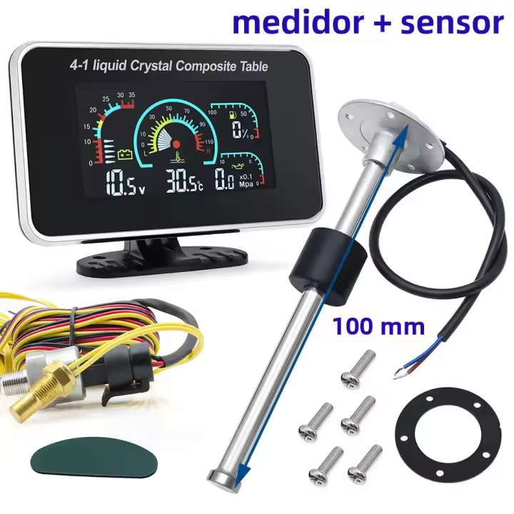 Medidor De Nivel De Combustible Y Presión Del Aceite Para Coche Con Sensor De Nivel De Combustible Y Temperatura Del Agua 4 En 1 Digital LCD 12V24V - 1