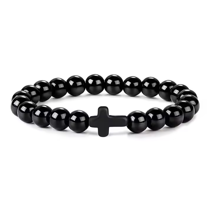 Pulsera De Rosario Para Hombres Y Mujeres Con Piedras Naturales Y Madera Hematita Onix Joyería De Yoga Meditación Pulsera Cruz - 1