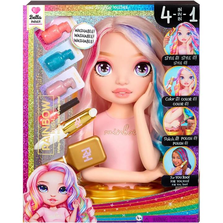 Rainbow High Styling Head - Bella, 33 cm - Juego 4 en 1 con Cremas Capilares, Esmalte de Uñas, Cepillo y Herramienta para Teñir, Peinar, Colorear, Esmaltar y Aclarar, para Niños y Niñas de 4 a 12 años (MGA 120889)