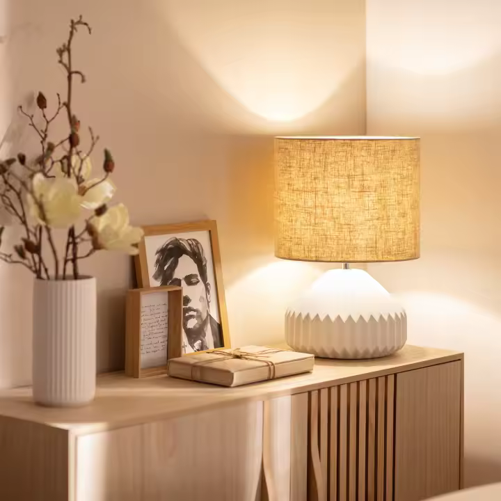 Ledkia Lámpara de Mesa Porcelana y Tela Monduver Blanco - 1