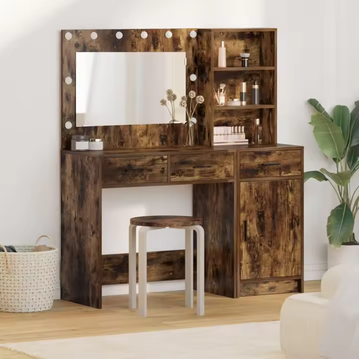 Conjunto de tocador de 2 piezas vidaXL con LED y madera de roble ahumado - 1
