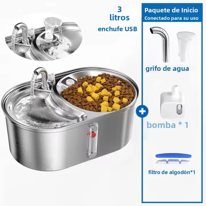 Dispensador De Agua Para Gatos 3L Con Doble Cuenco Acero Inoxidable Gran Capacidad Dispensador De Bebida Inteligente Para Perros Y Gatos - 1