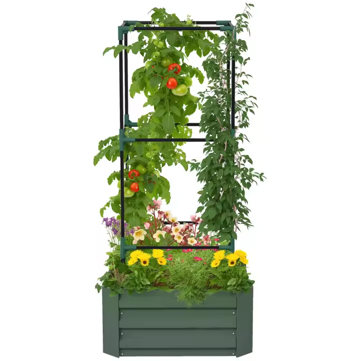 Outsunny Jardinera Exterior Grande de Acero Galvanizado Jardinera de Exterior con Celosía para Plantas Trepadoras y Fondo Abierto para Patio Terraza Balcón 61x61x140 cm Verde - 1
