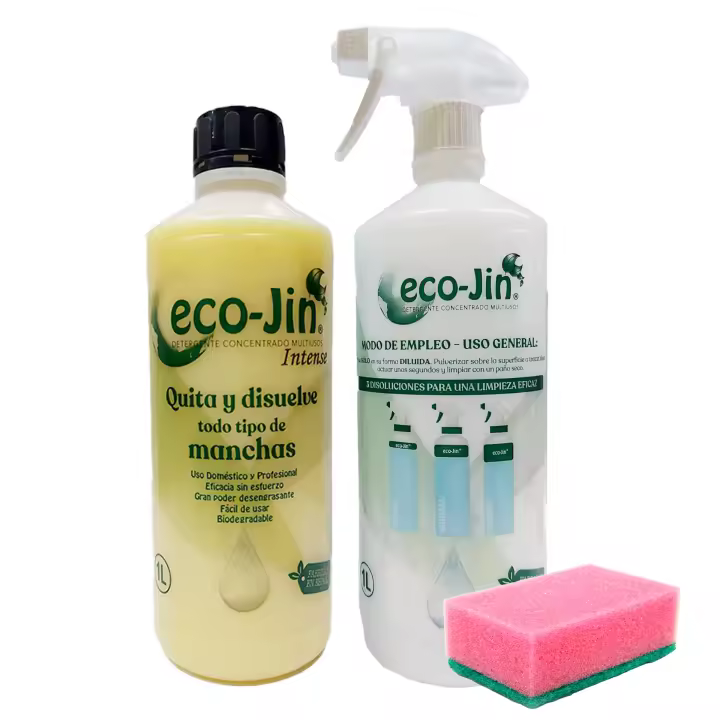 ECO JIN Amarillo Intense Original, 1L concentrado + estropajo, limpieza perfecta sin limites ECO-JIN. Ecológico, Higiénizante, Bactericida, Anticalcareo, desinfectante y elimina cal. Componentes tensoactivos. Exclusivo y poderoso quitamanchas. Distrilocu - 1