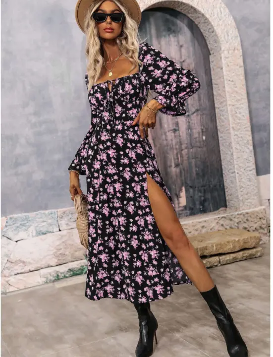2025 Primavera y verano Nuevo vestido bohemio estampado de manga larga sin espalda para mujer 1 - 1