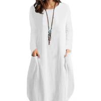 Vestido Largo Casual De Mujer Para Otoño Con Bolsillos Y Cuello En V Estilo Europeo Y Americano Algodón Y Lino Suelto - details 7