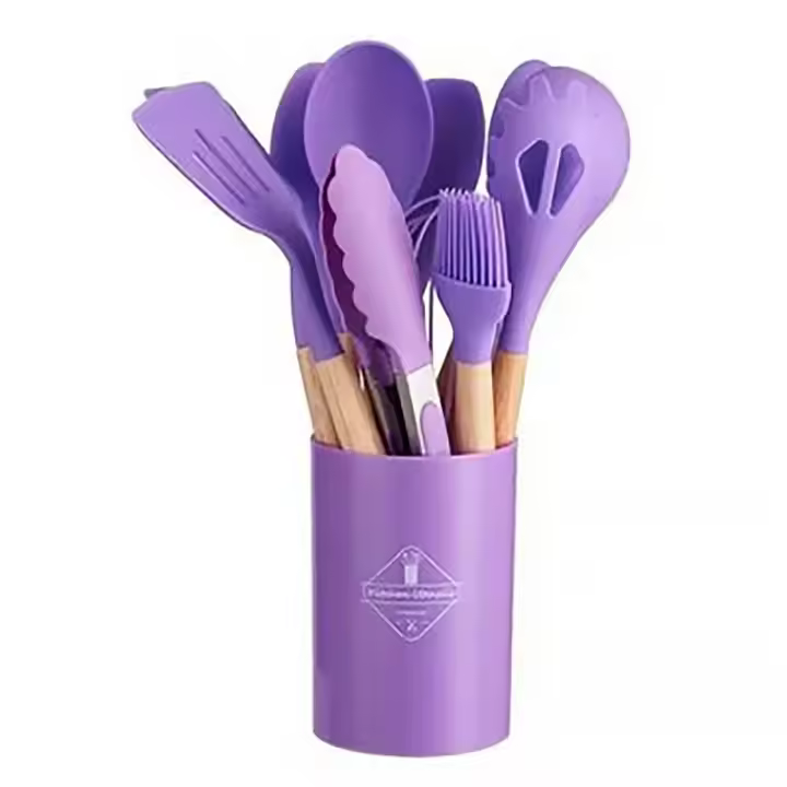 Set De Utensilios De Cocina Ecológicos De Silicona No Adherente Con Mango De Madera 12 Piezas Incluye Espátula Shovel Batidores De Huevo Herramientas De Cocina - 1