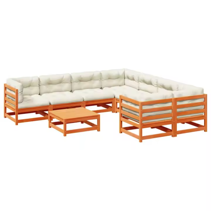 vidaXL Set de sofás jardín 9 pzas con cojines madera pino marrón cera - 1