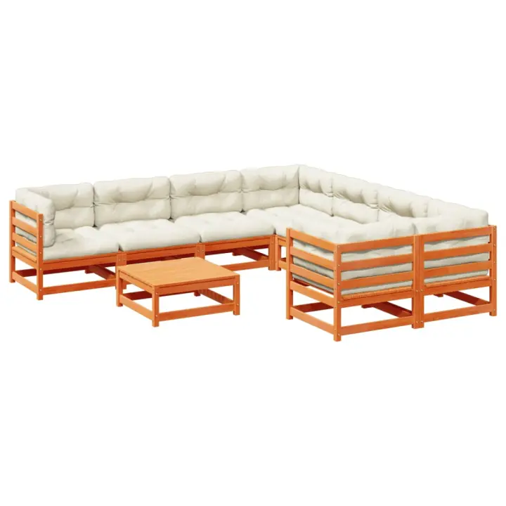 vidaXL Set de sofás jardín 9 pzas con cojines madera pino marrón cera - 1
