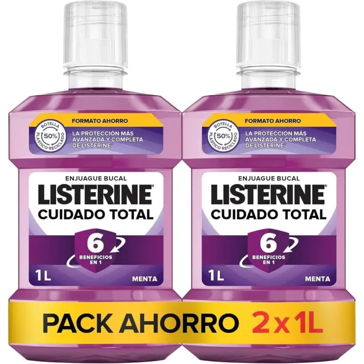 Listerine Enjuague Bucal Cuidado Total 1L, Pack Ahorro 2x1L, Colutorio con Flúor, 6 beneficios en 1, Elixir Bucal para una Limpieza Bucal Completa, Ayuda a Prevenir la Gingivitis - 1