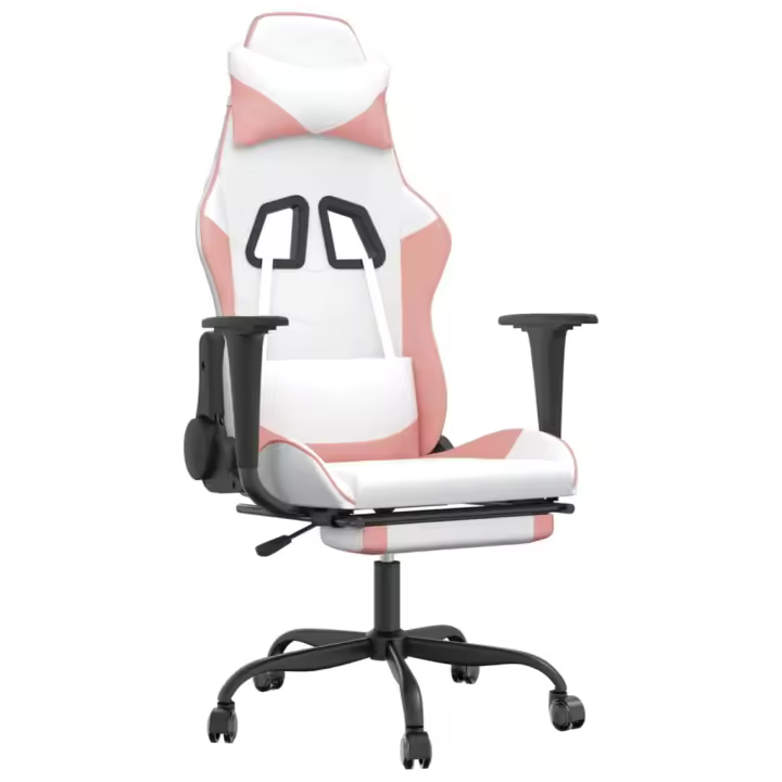 Silla Gaming con reposapiés cuero sintético blanco y rosa - 1