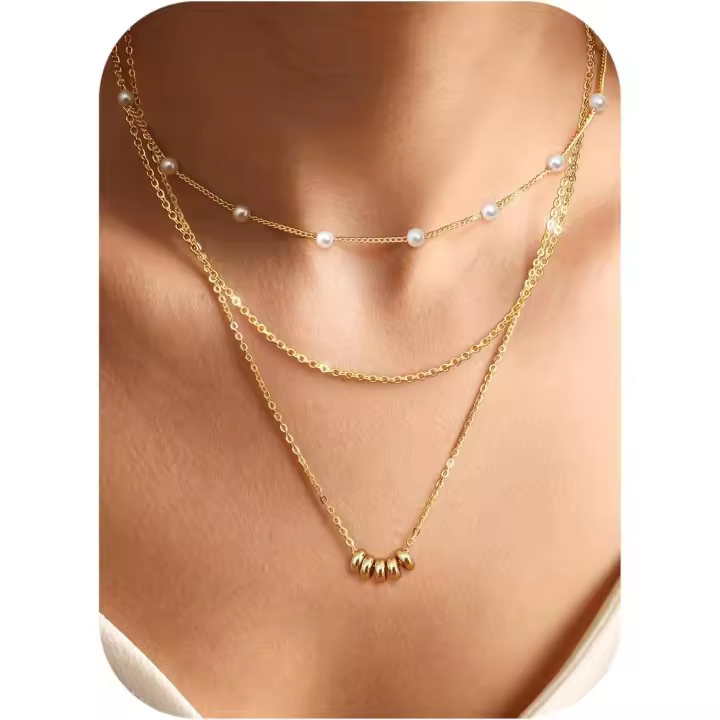 3Pcs Collar Mujer Collar Dorado Mujer CZ Corazón Cruz Perlas Colgante Mujer Cadena Gold Ajustable en Capas Collar Gold-with Caja de Joyería - 1