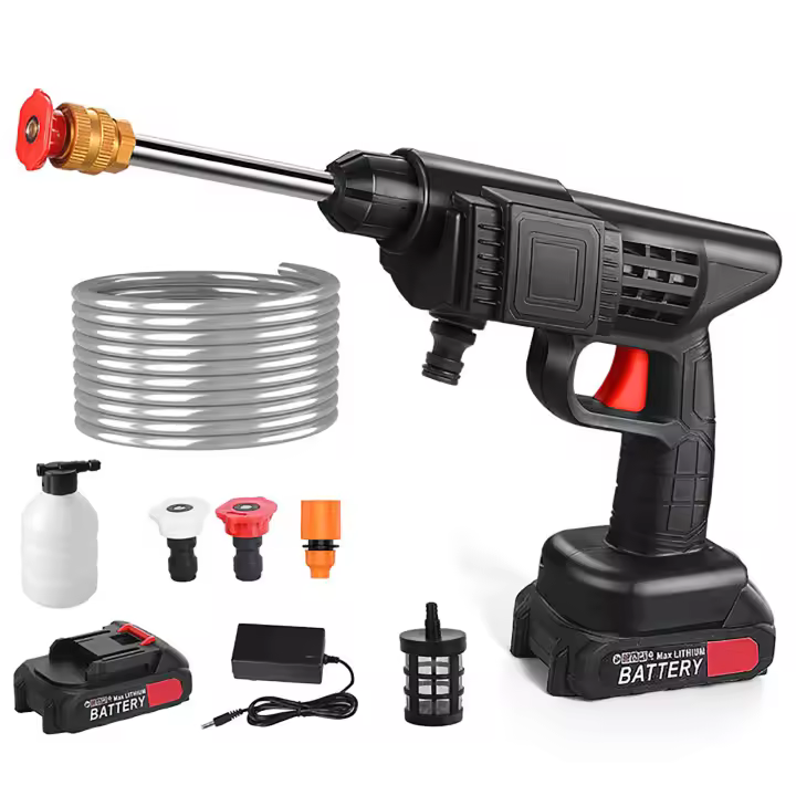 Limpieza Profesional Hidrolavadora Electrica Inalambrica 24V Bateria 6000mAh Potencia 200W Presion 35 Bar Caudal 240Lh Alcance 10M Manguera 5m ABS Metal Kit Completo con Varilla Cobre Filtro Espumador Adaptadores Para Coche Moto Bici Terrazas - 1