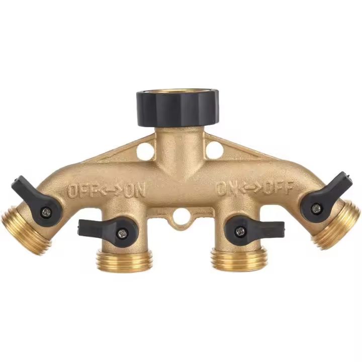 4 Way Irrigation Brass Faucet Splitter, Heavy Duty Brass Manifold Garden Hose Connector Equipment(European Thread 3/4) - 1