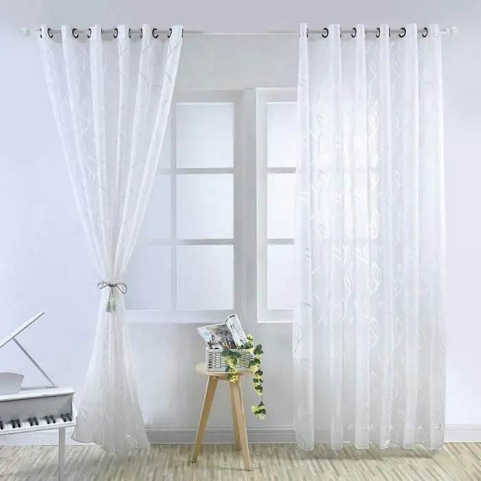 Cortina de Voile - Hoja Blanca - 100 x 250 cm - Poliéster - 2 piezas - Liso - 1